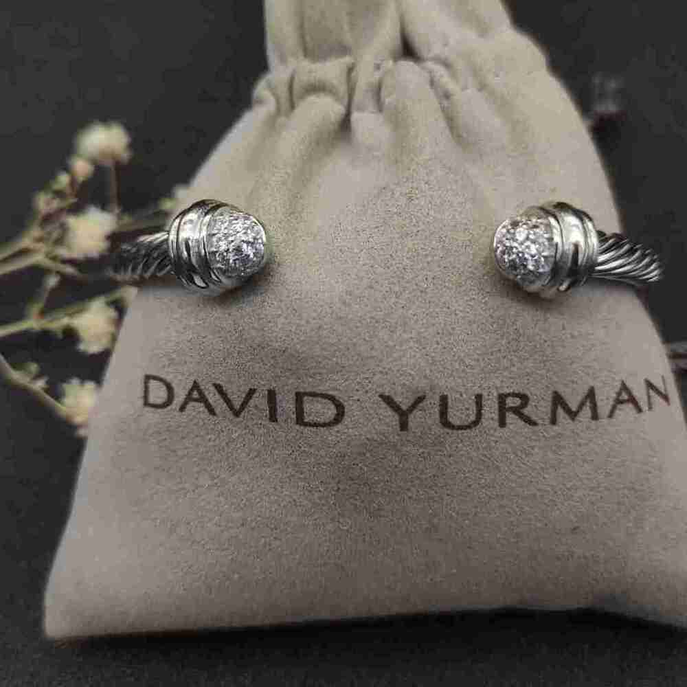 David Yurman Cable Classic Cuff Bracelet Pave Diamond Tip Silver Tone Unisex - Picture 2 of 5